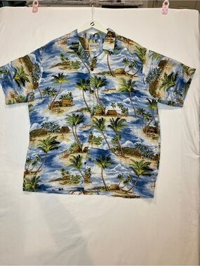 Bishop St. Tropical Palm Print Hawaiian Shirt Men’s Blue & Green Print Size XL